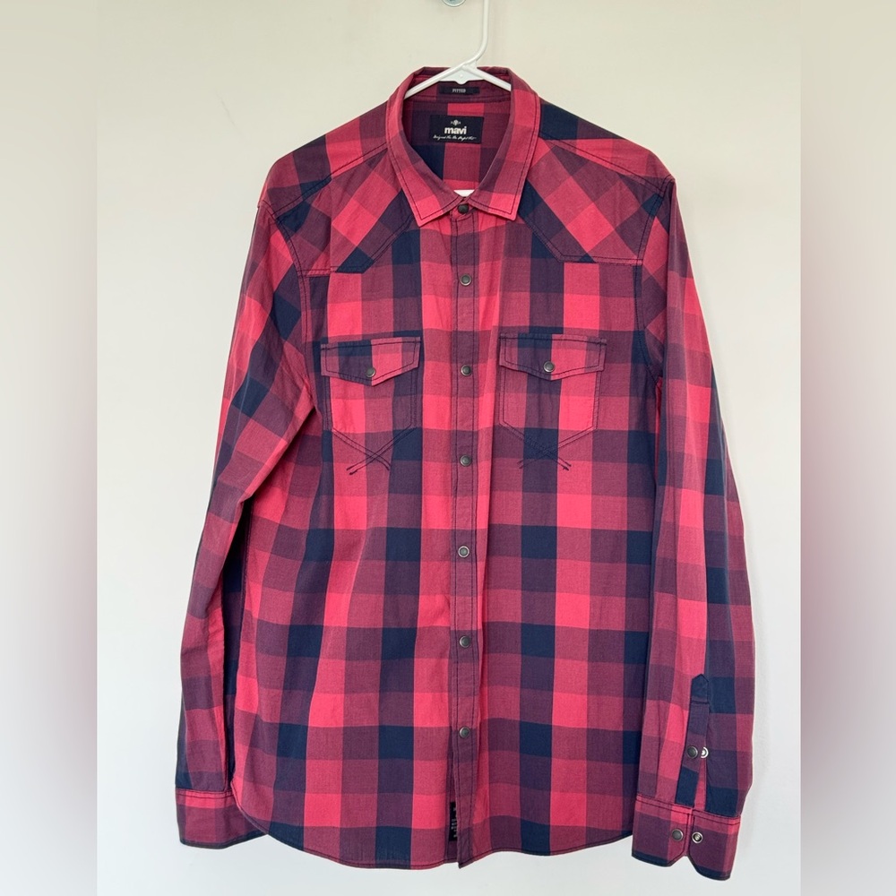 Mavi Red and Black Plaid Cotton Button Down Shirt, Fitted, Size XL